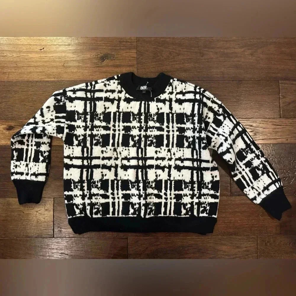 DKNY Womens Printed Ribbed Trim Pullover Sweater Black- Size Medium